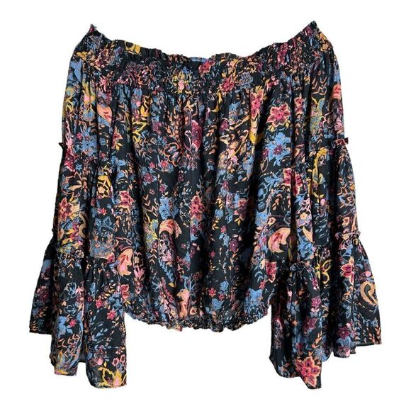 Free People Free Spirit Off Shoulder Top Blouse Bell Sleeves Boho Floral Women S - Picture 2 of 6